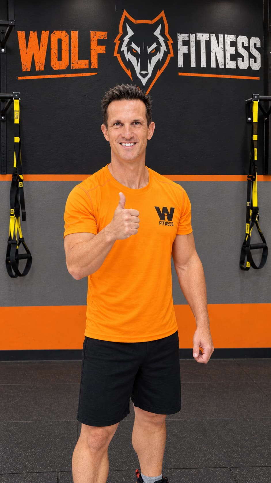 El entrenador de Wolf Fitness sonriendo con el pulgar arriba, con la camiseta naranja del gimnasio
